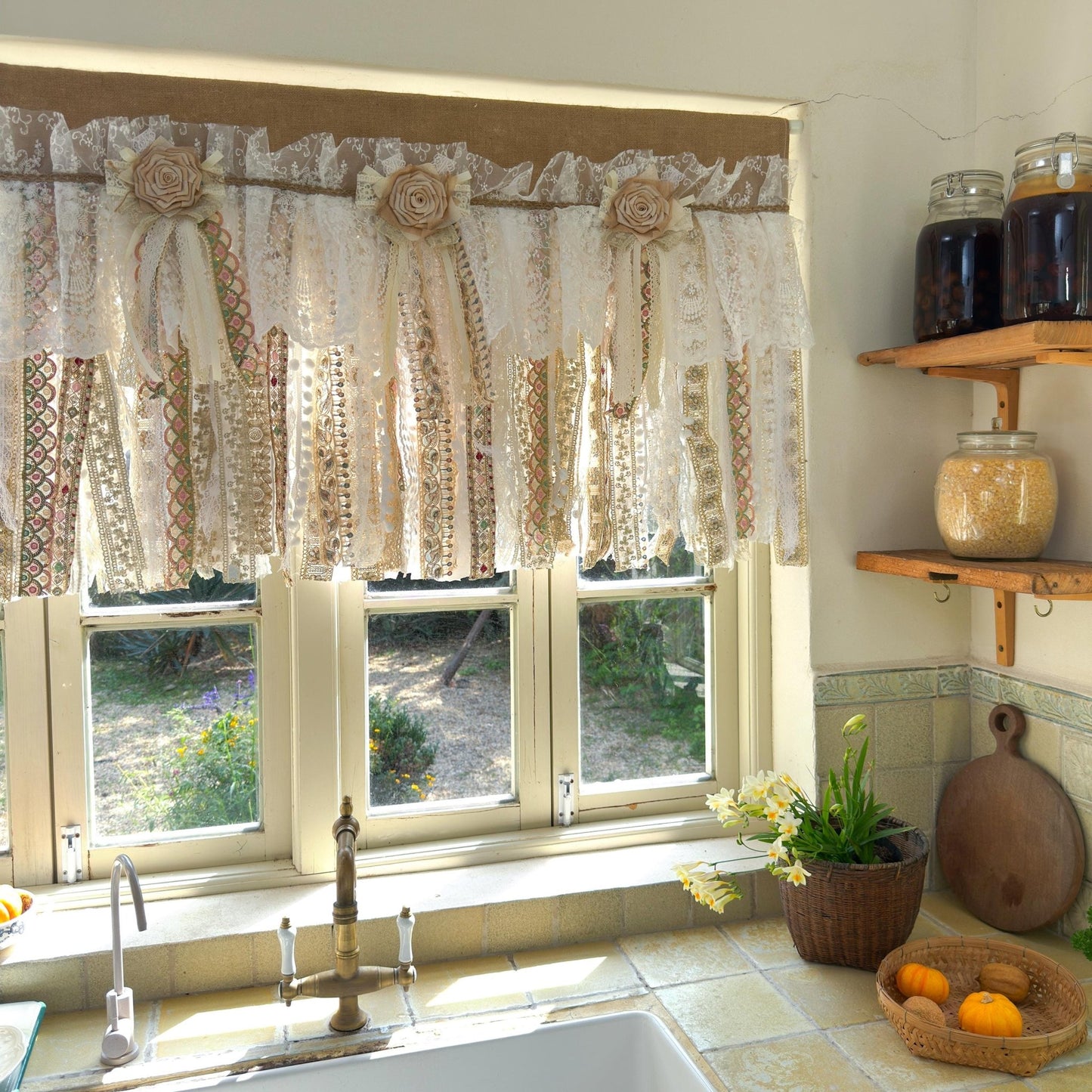 Custom Rustic Burlap Beige White Glod Lace Valance - UDreamHome