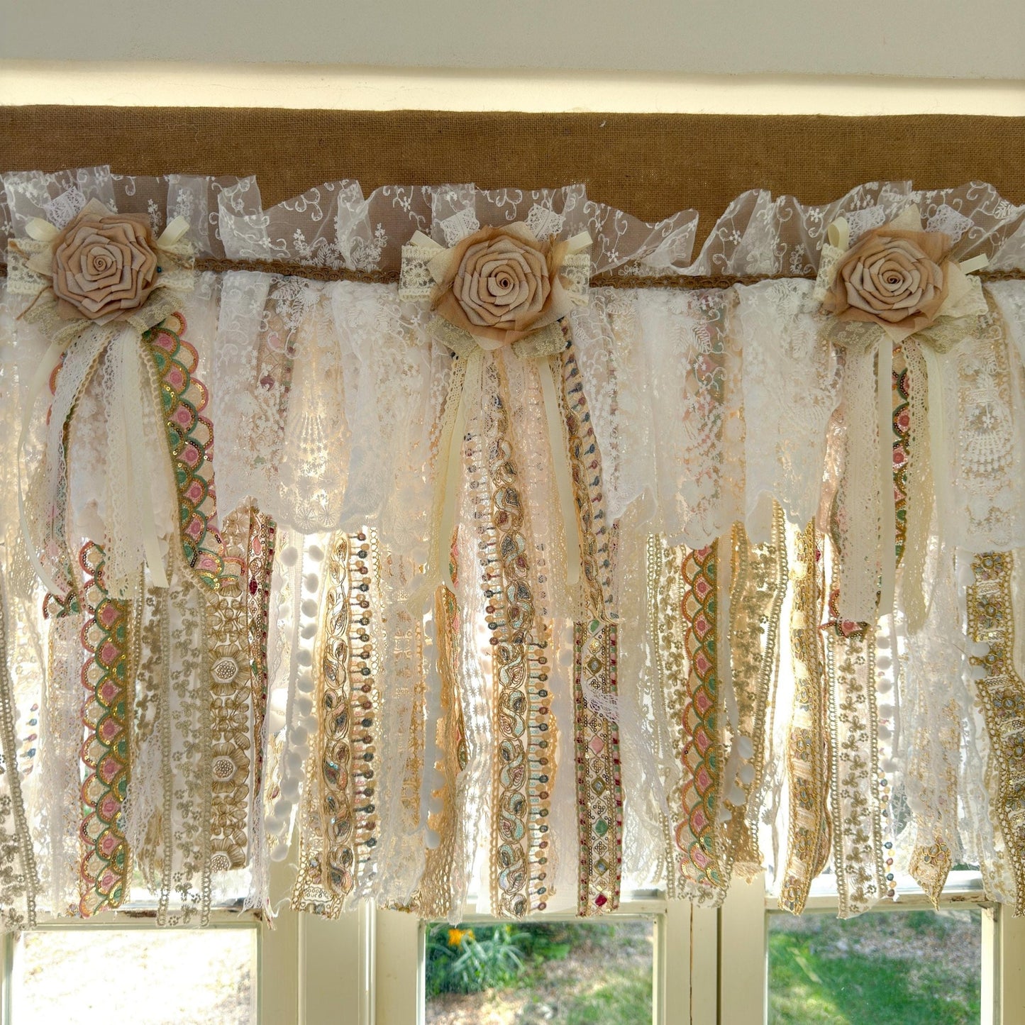 Custom Rustic Burlap Beige White Glod Lace Valance - UDreamHome