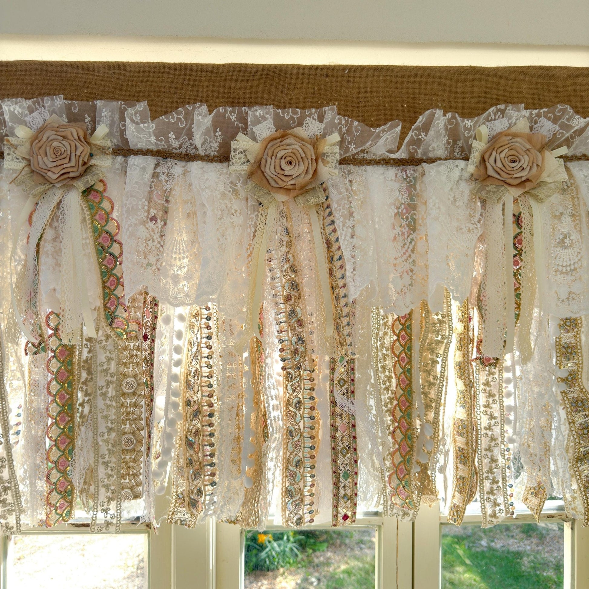 Custom Rustic Burlap Beige White Glod Lace Valance - UDreamHome