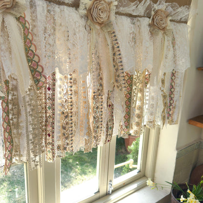 Custom Rustic Burlap Beige White Glod Lace Valance - UDreamHome