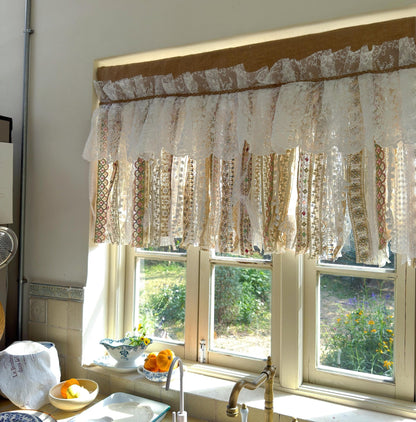 Custom Rustic Burlap Beige White Glod Lace Valance - UDreamHome
