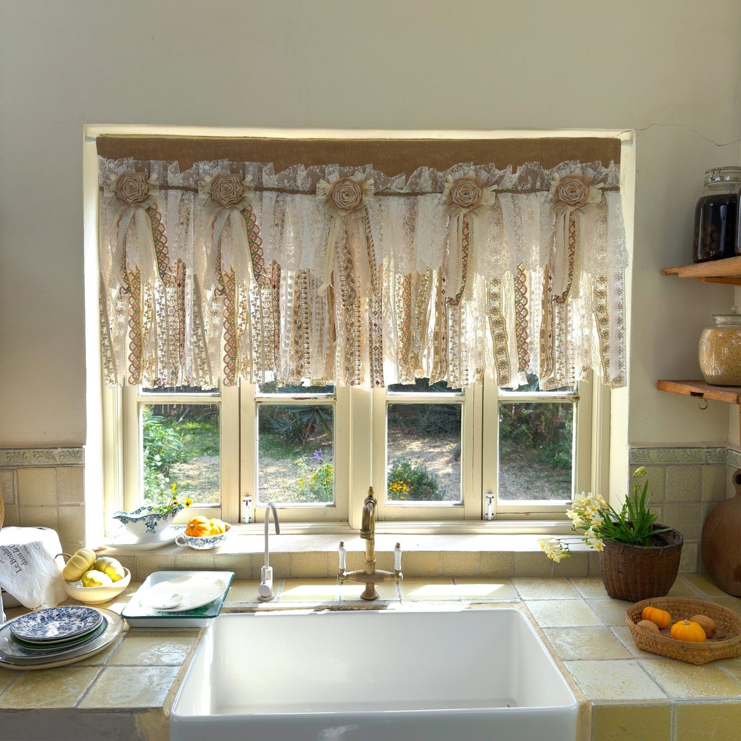 Custom Rustic Burlap Beige White Glod Lace Valance - UDreamHome