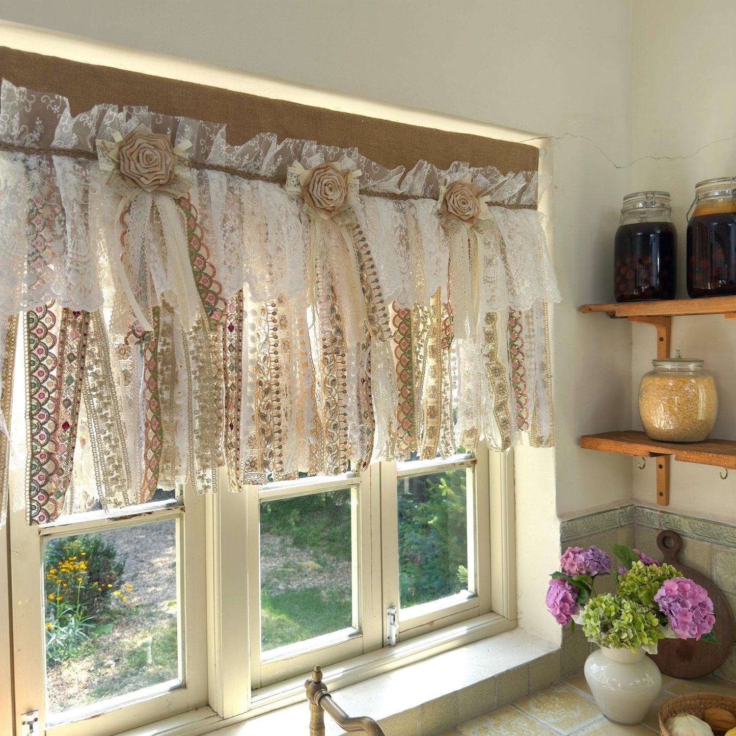 Custom Rustic Burlap Beige White Glod Lace Valance - UDreamHome