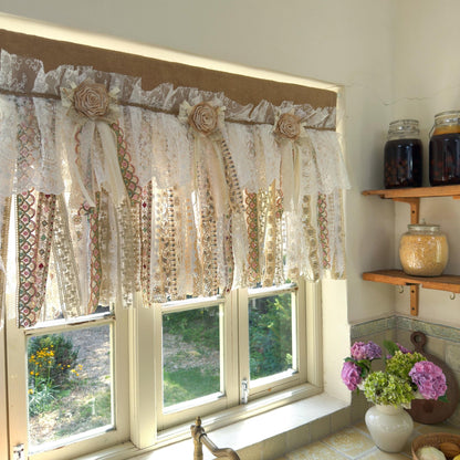 Custom Rustic Burlap Beige White Glod Lace Valance - UDreamHome