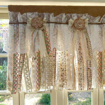 Custom Rustic Burlap Beige White Glod Lace Valance - UDreamHome