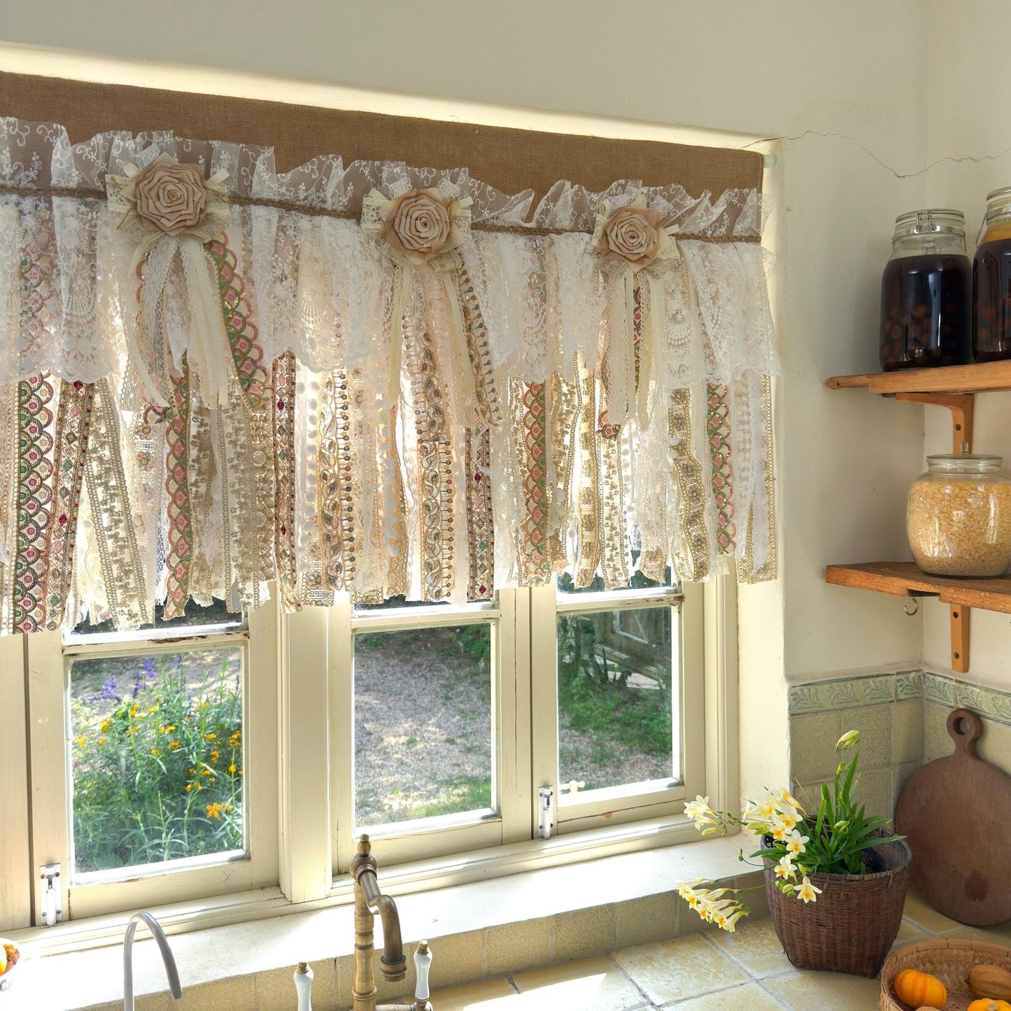 Custom Rustic Burlap Beige White Glod Lace Valance - UDreamHome