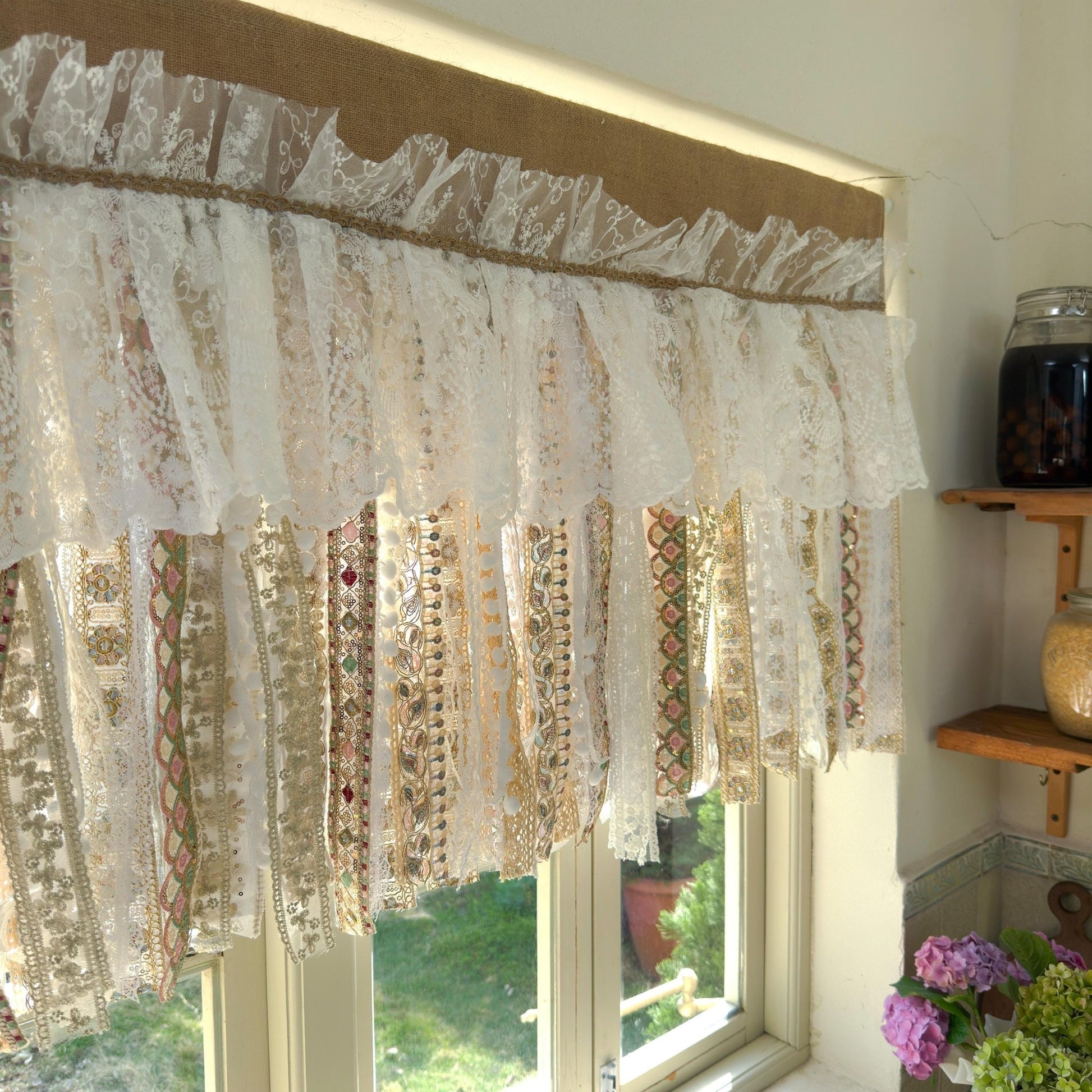 Custom Rustic Burlap Beige White Glod Lace Valance - UDreamHome