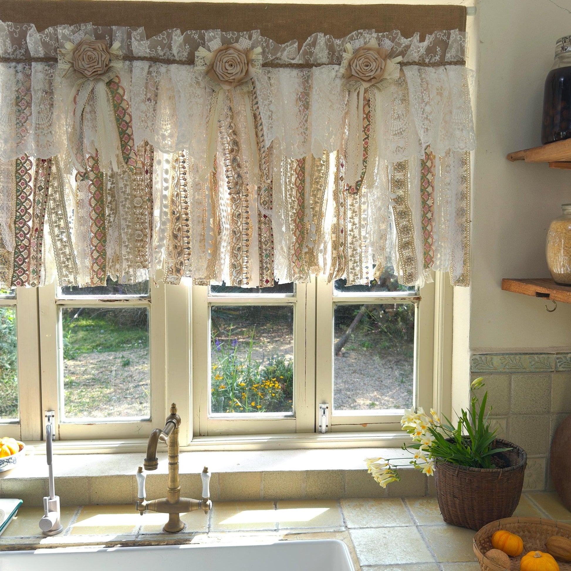 Custom Rustic Burlap Beige White Glod Lace Valance - UDreamHome