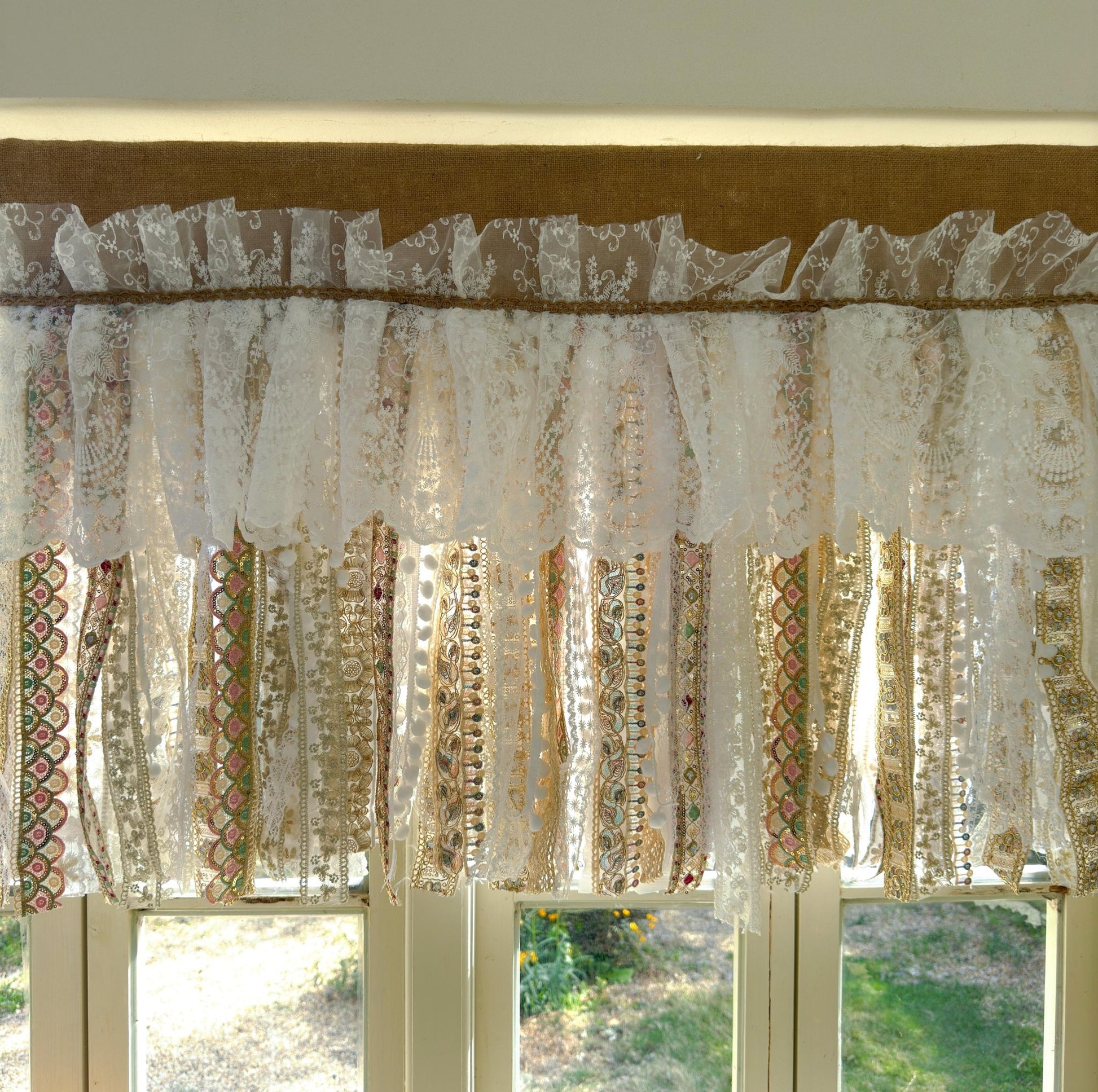 Custom Rustic Burlap Beige White Glod Lace Valance - UDreamHome
