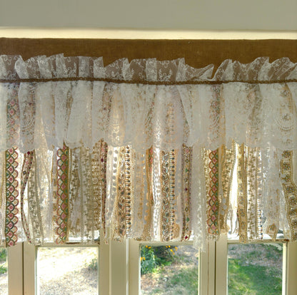 Custom Rustic Burlap Beige White Glod Lace Valance - UDreamHome