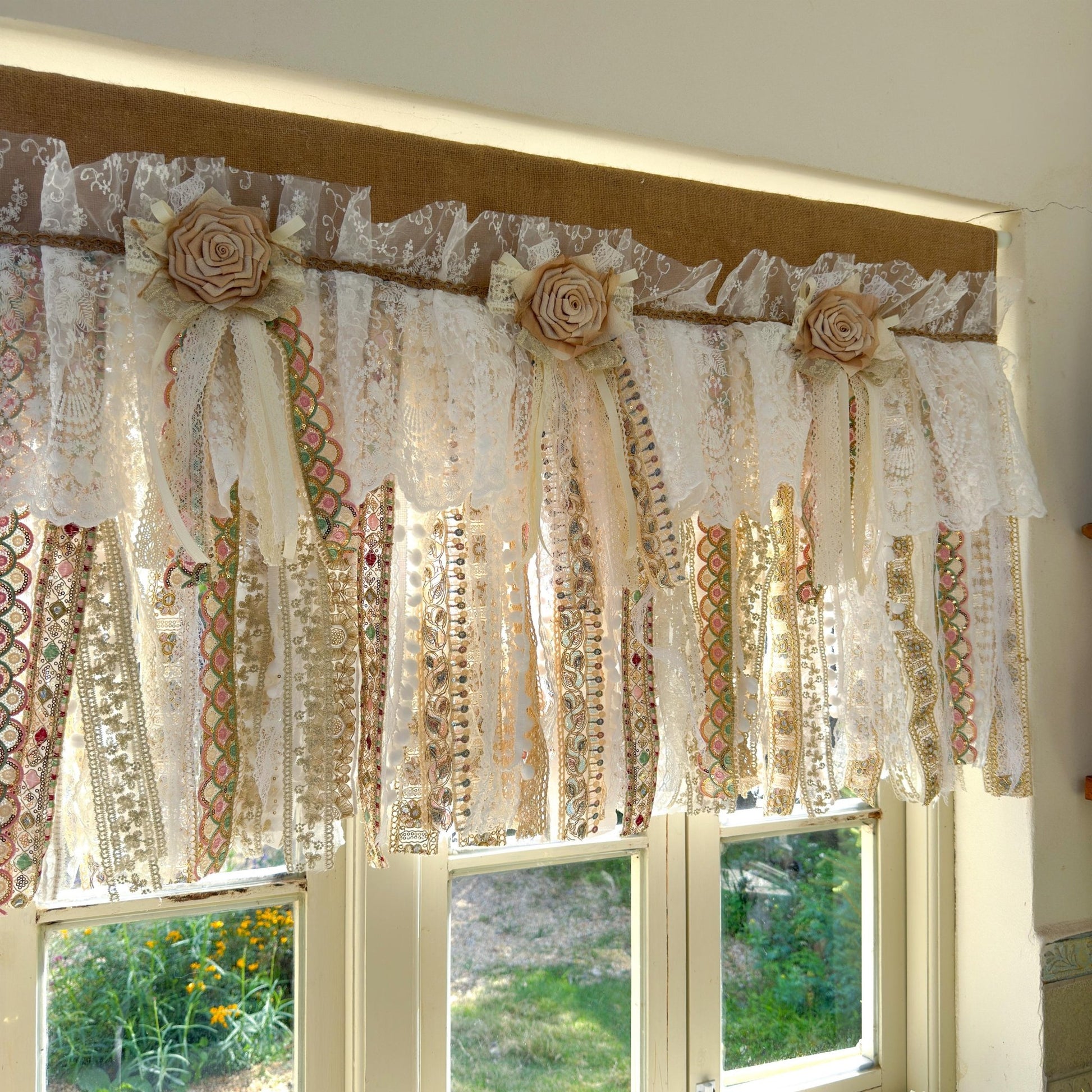 Custom Rustic Burlap Beige White Glod Lace Valance - UDreamHome