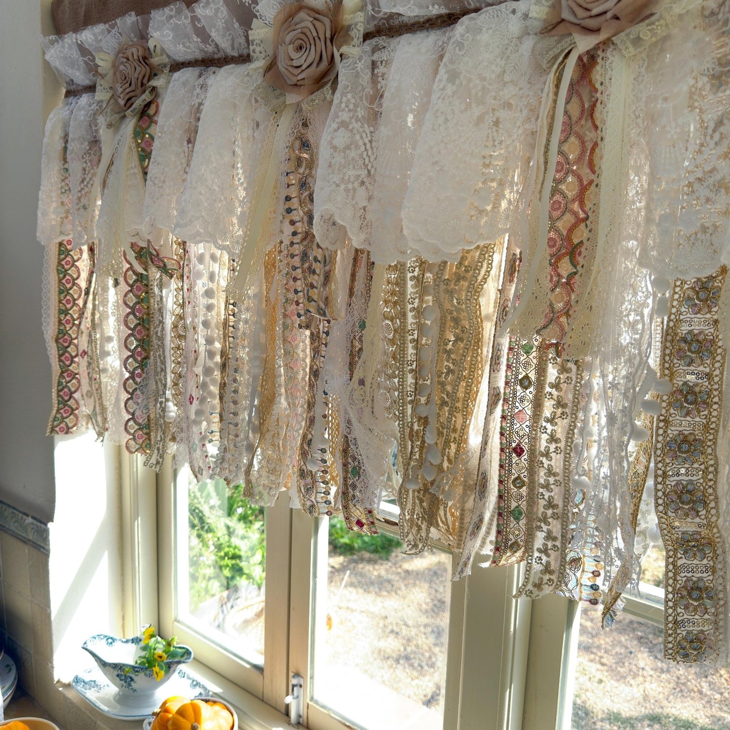 Custom Rustic Burlap Beige White Glod Lace Valance - UDreamHome