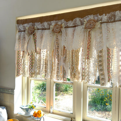 Custom Rustic Burlap Beige White Glod Lace Valance - UDreamHome