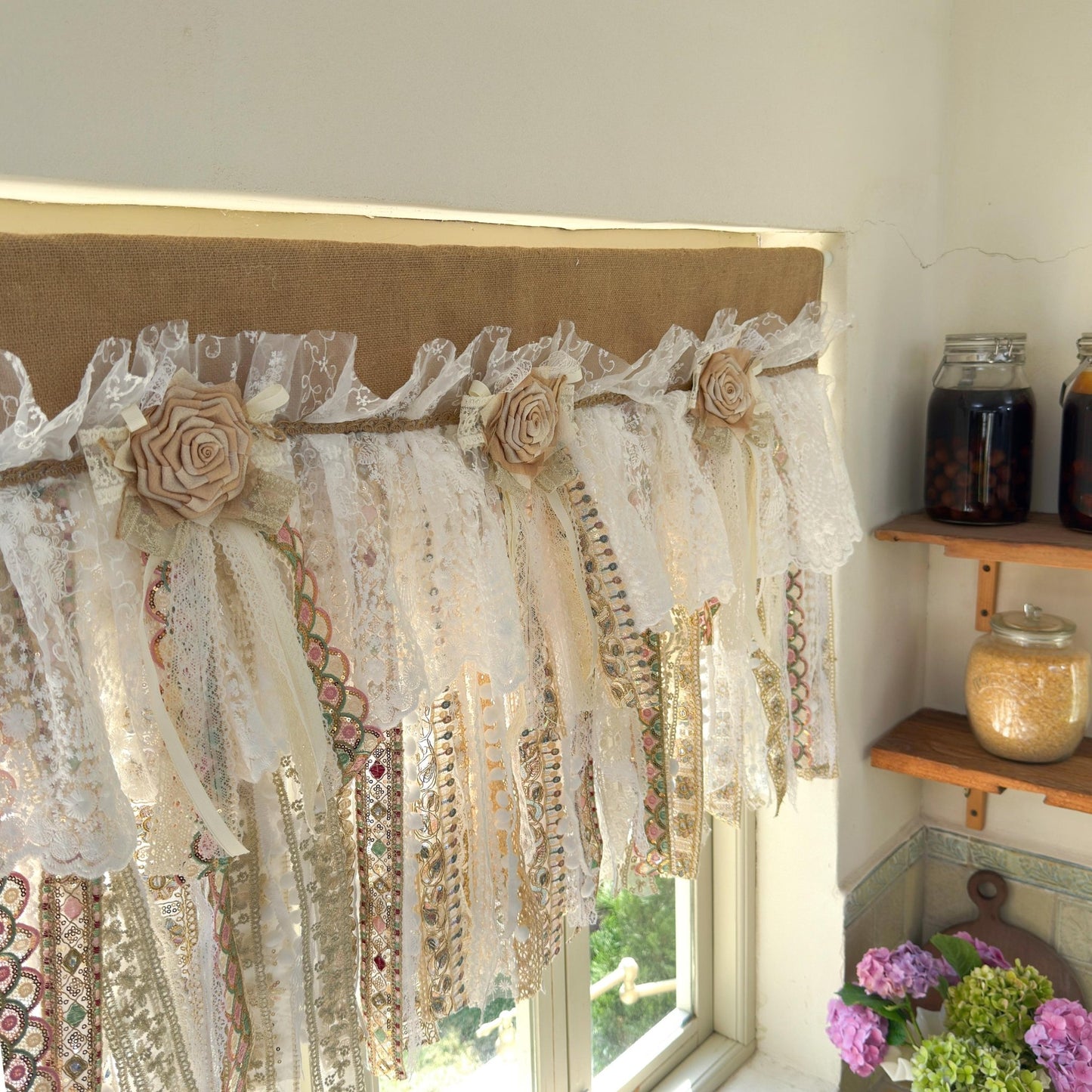 Custom Rustic Burlap Beige White Glod Lace Valance - UDreamHome