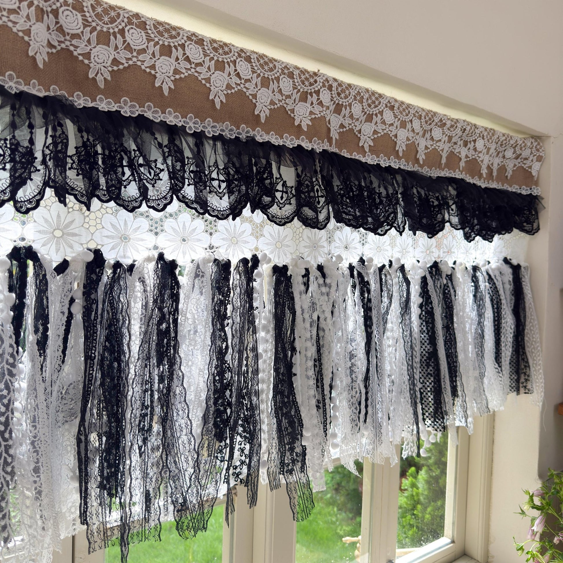 Custom Rustic Burlap & Lace Window Valance - UDreamHome