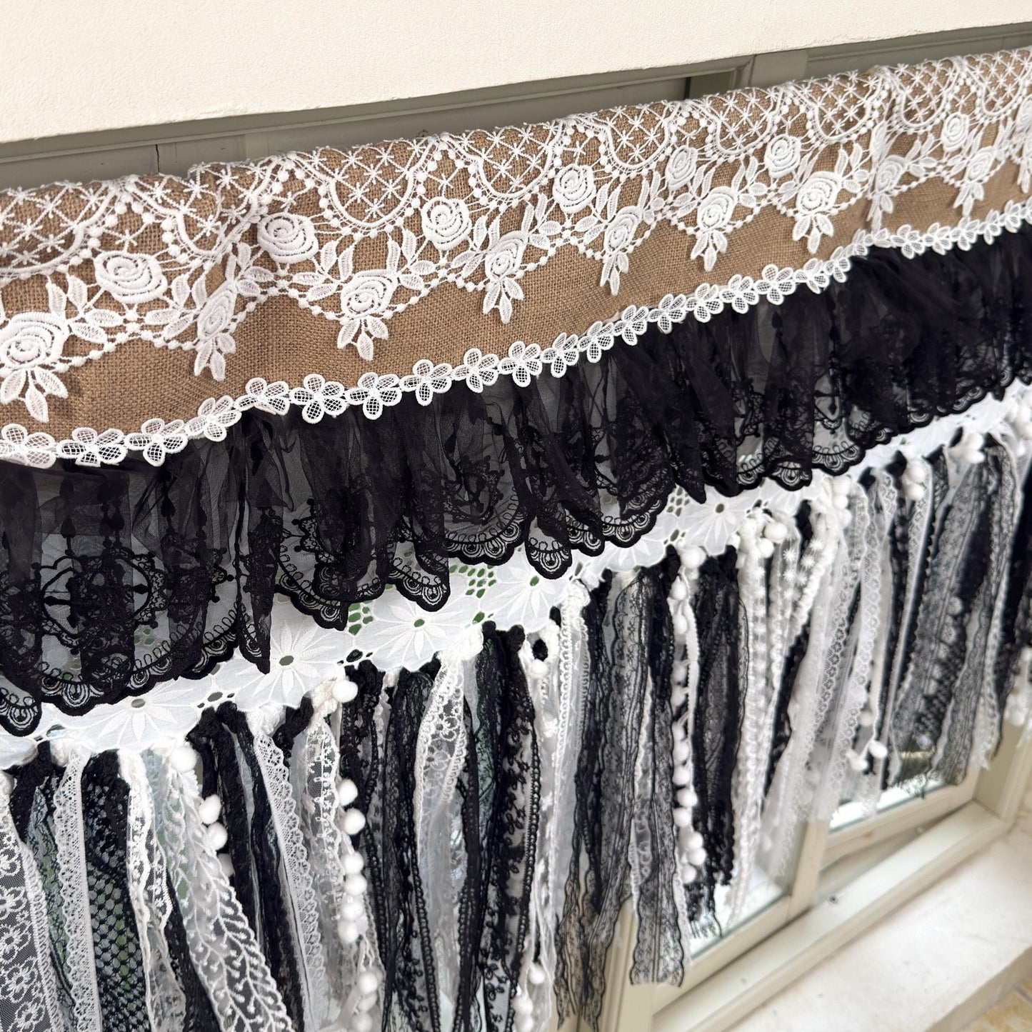 Custom Rustic Burlap & Lace Window Valance - UDreamHome