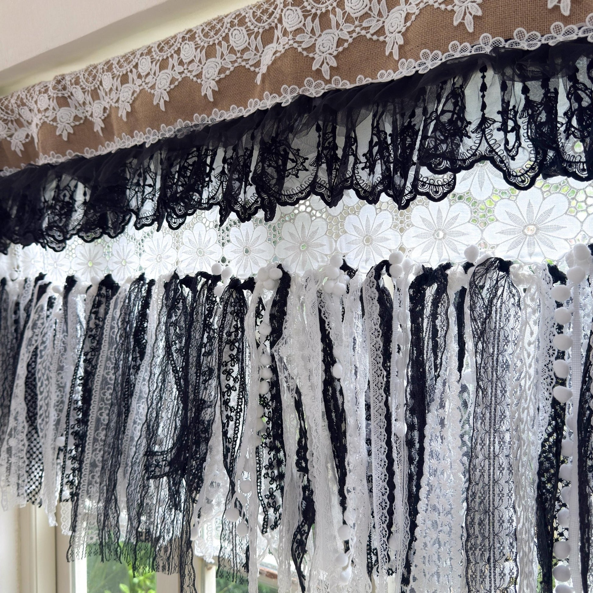 Custom Rustic Burlap & Lace Window Valance - UDreamHome