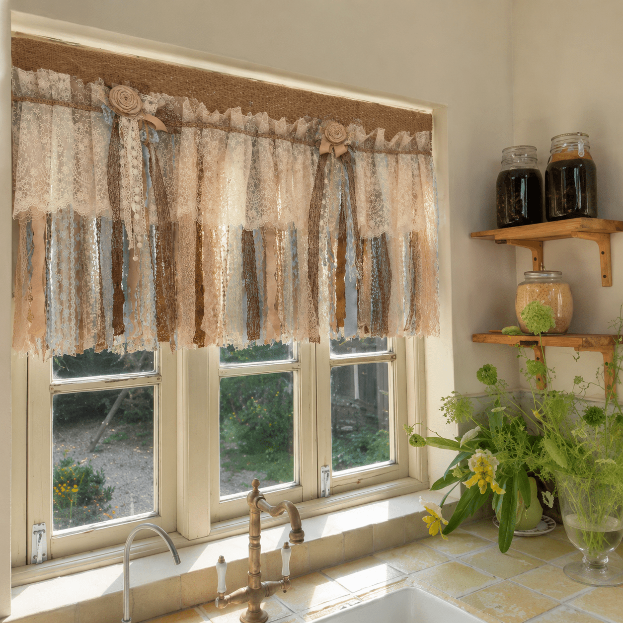 Custom Rustic Unique Burlap Beige Brown Blue Lace Valance - UDreamHome