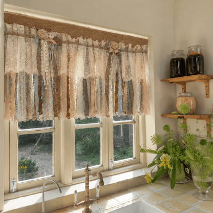 Custom Rustic Unique Burlap Beige Brown Blue Lace Valance - UDreamHome