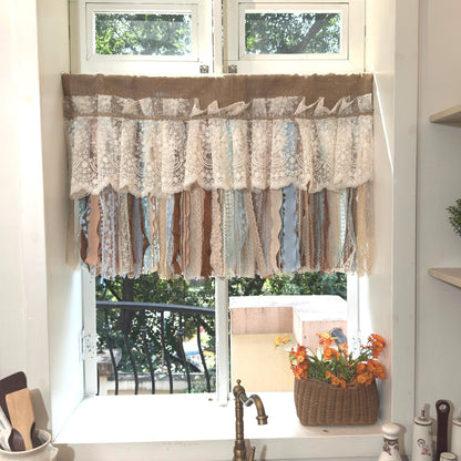 Custom Rustic Unique Burlap Beige Brown Blue Lace Valance - UDreamHome