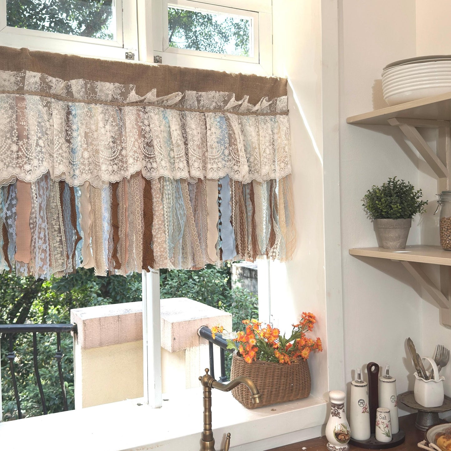 Custom Rustic Unique Burlap Beige Brown Blue Lace Valance - UDreamHome