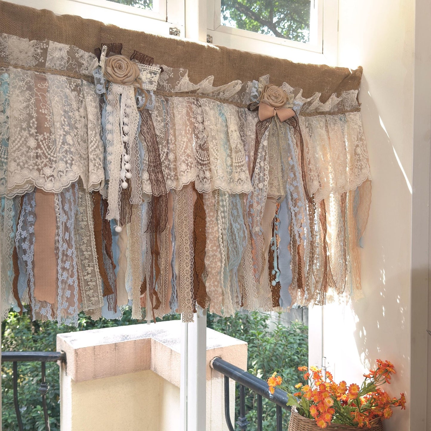 Custom Rustic Unique Burlap Beige Brown Blue Lace Valance - UDreamHome