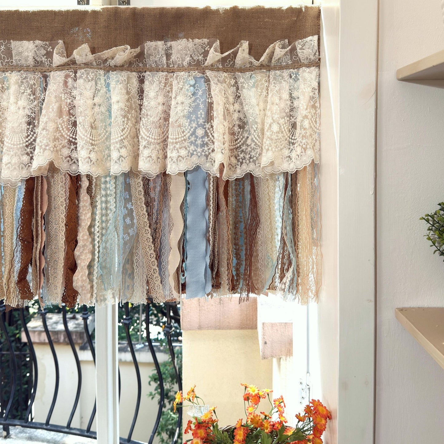 Custom Rustic Unique Burlap Beige Brown Blue Lace Valance - UDreamHome