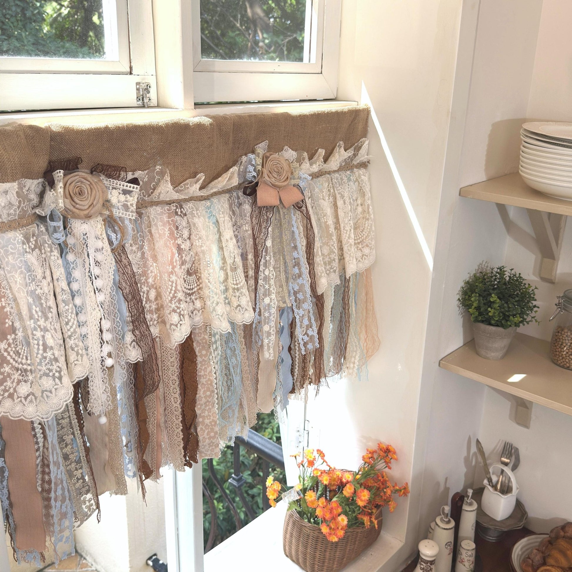 Custom Rustic Unique Burlap Beige Brown Blue Lace Valance - UDreamHome