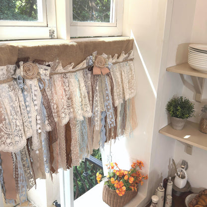 Custom Rustic Unique Burlap Beige Brown Blue Lace Valance - UDreamHome