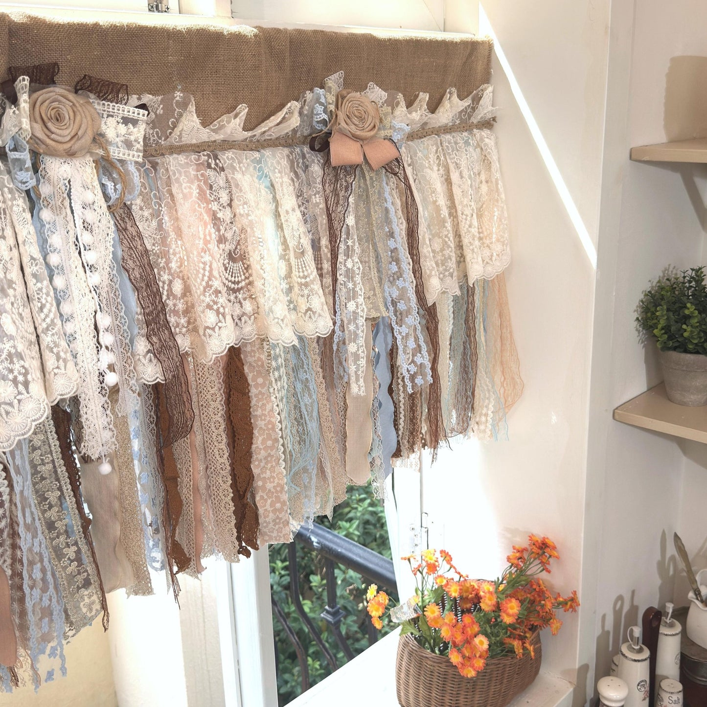 Custom Rustic Unique Burlap Beige Brown Blue Lace Valance - UDreamHome