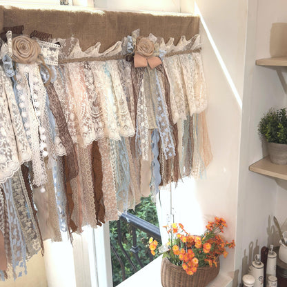 Custom Rustic Unique Burlap Beige Brown Blue Lace Valance - UDreamHome