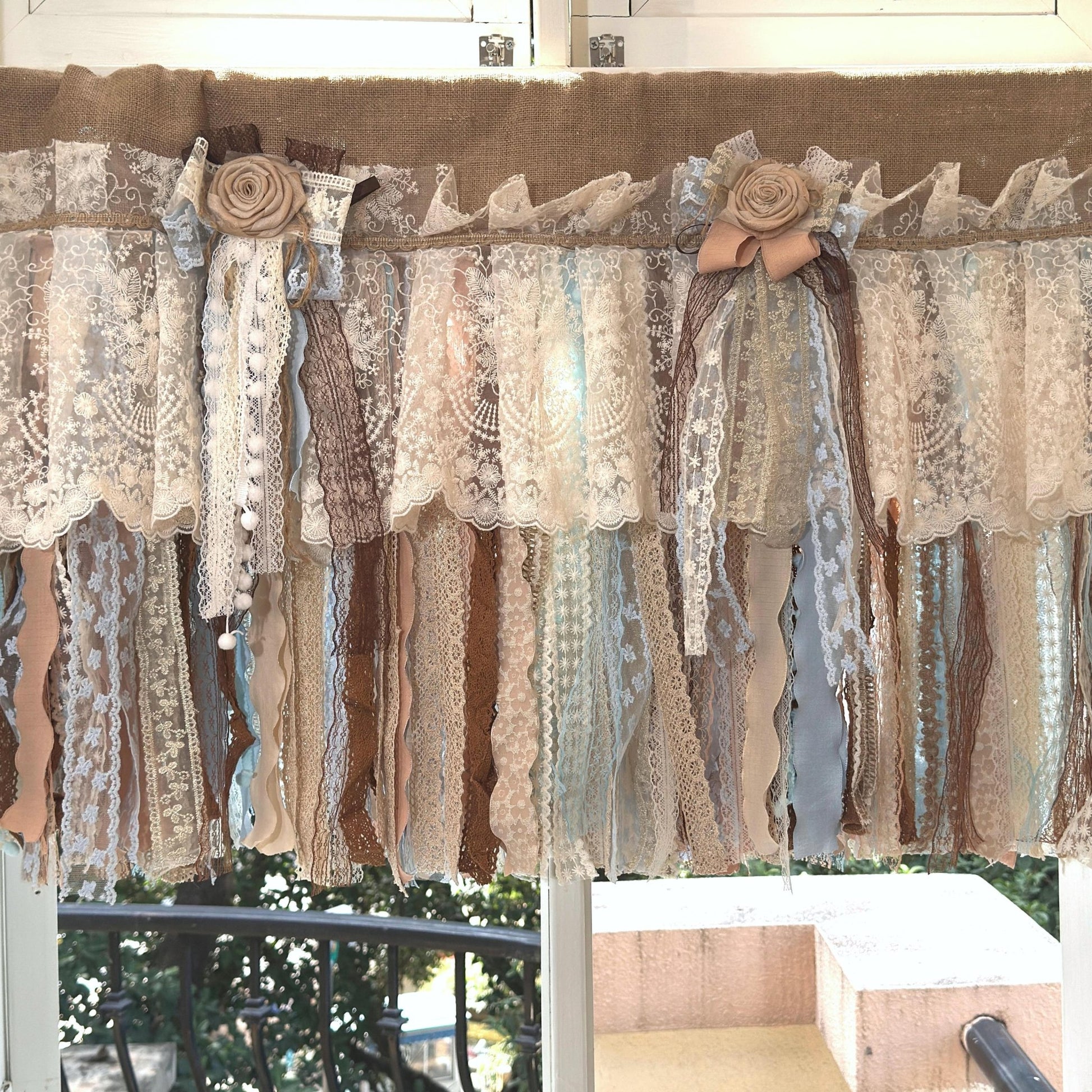 Custom Rustic Unique Burlap Beige Brown Blue Lace Valance - UDreamHome