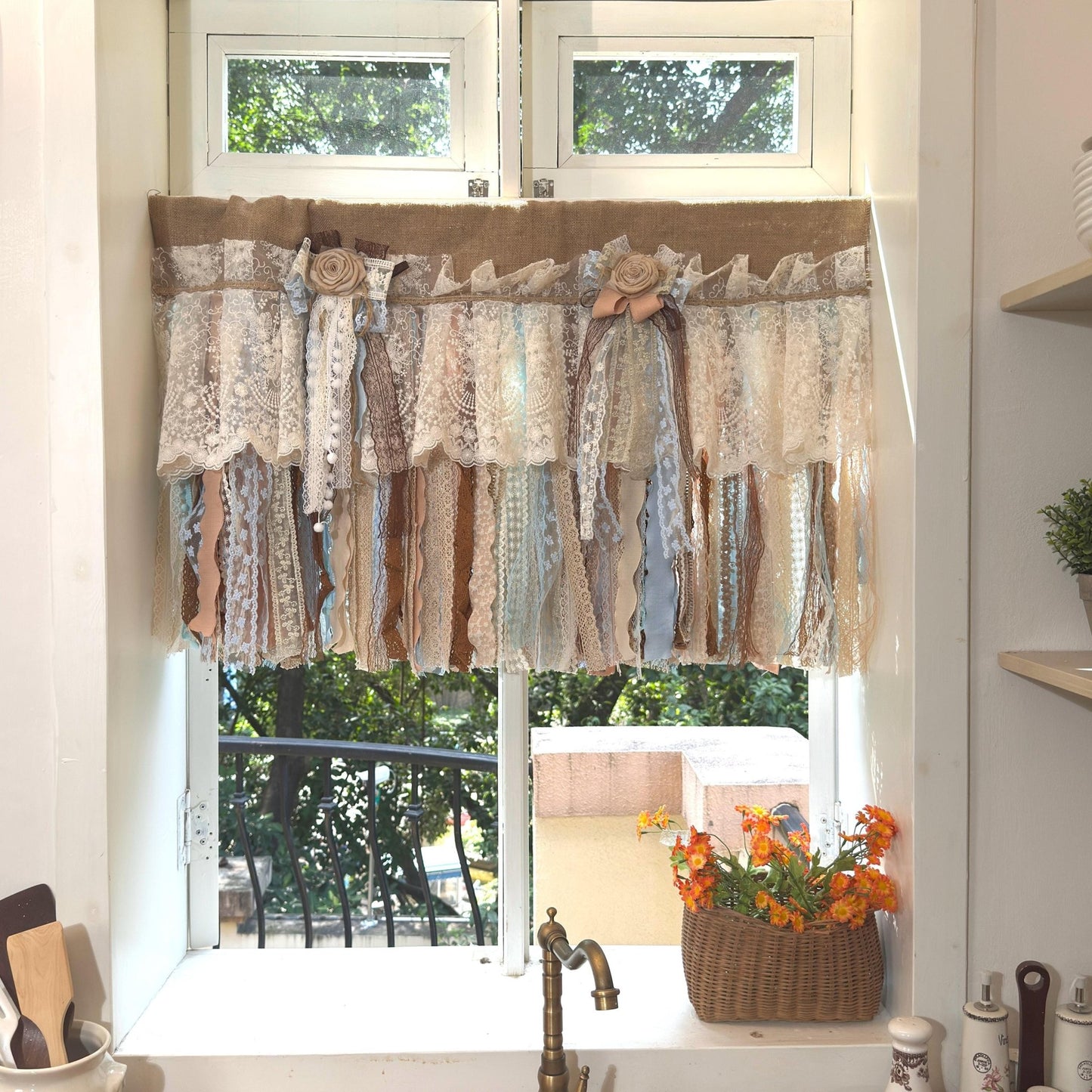 Custom Rustic Unique Burlap Beige Brown Blue Lace Valance - UDreamHome