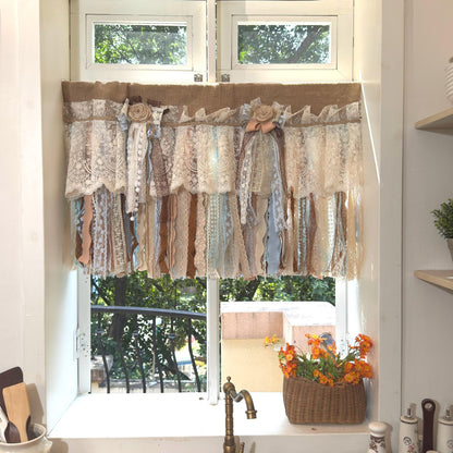 Custom Rustic Unique Burlap Beige Brown Blue Lace Valance - UDreamHome