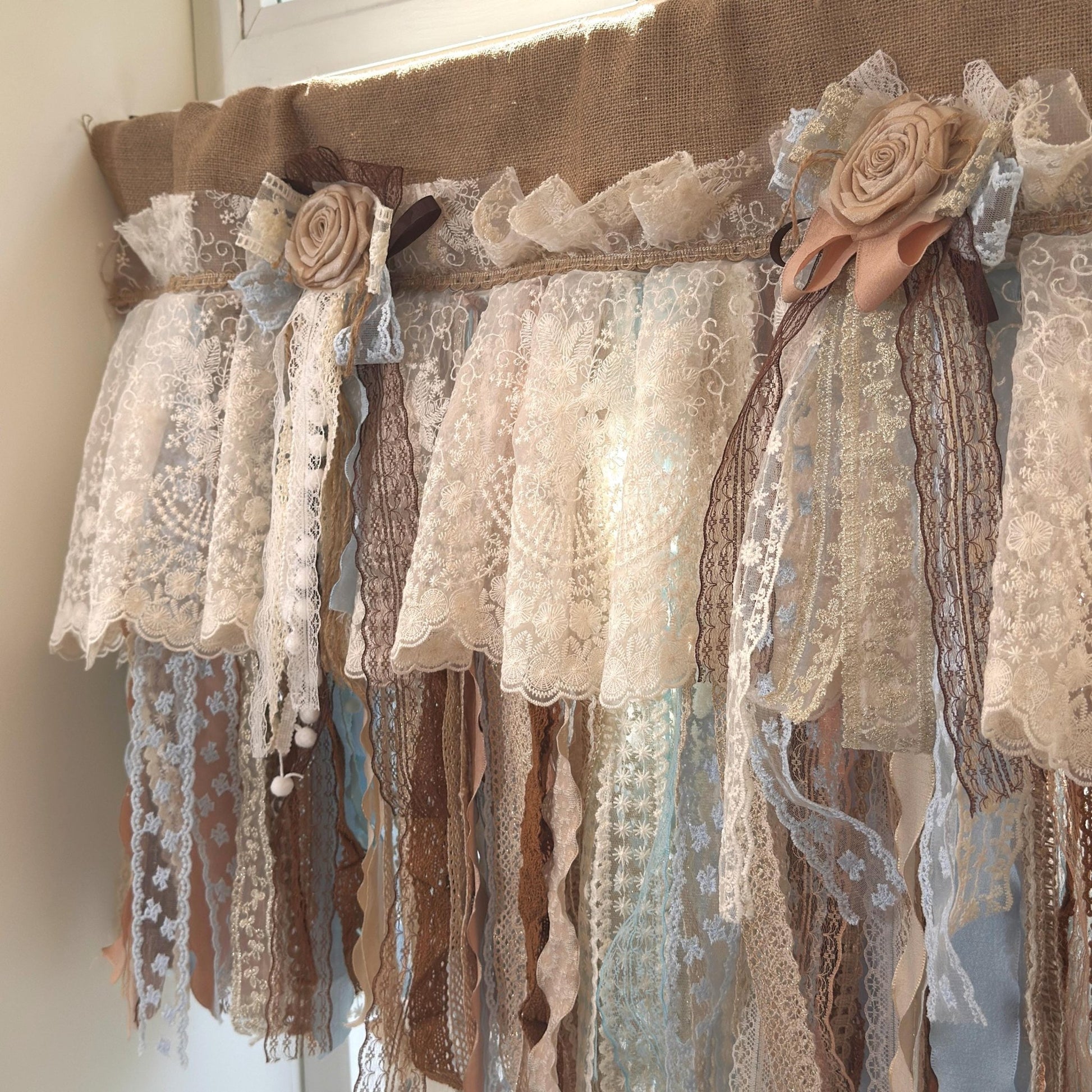 Custom Rustic Unique Burlap Beige Brown Blue Lace Valance - UDreamHome