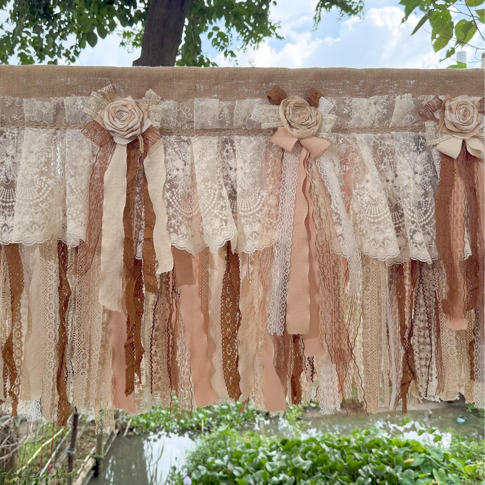 Custom Rustic Unique Burlap Beige Brown Lace Bedroom Valance - UDreamHome