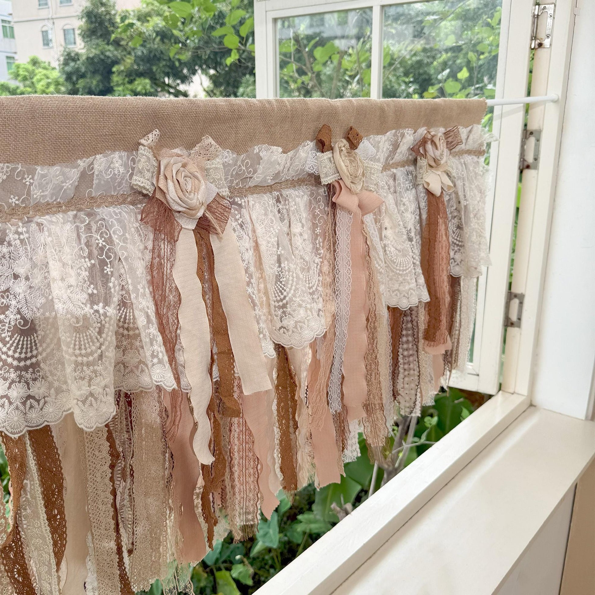 Custom Rustic Unique Burlap Beige Brown Lace Bedroom Valance - UDreamHome