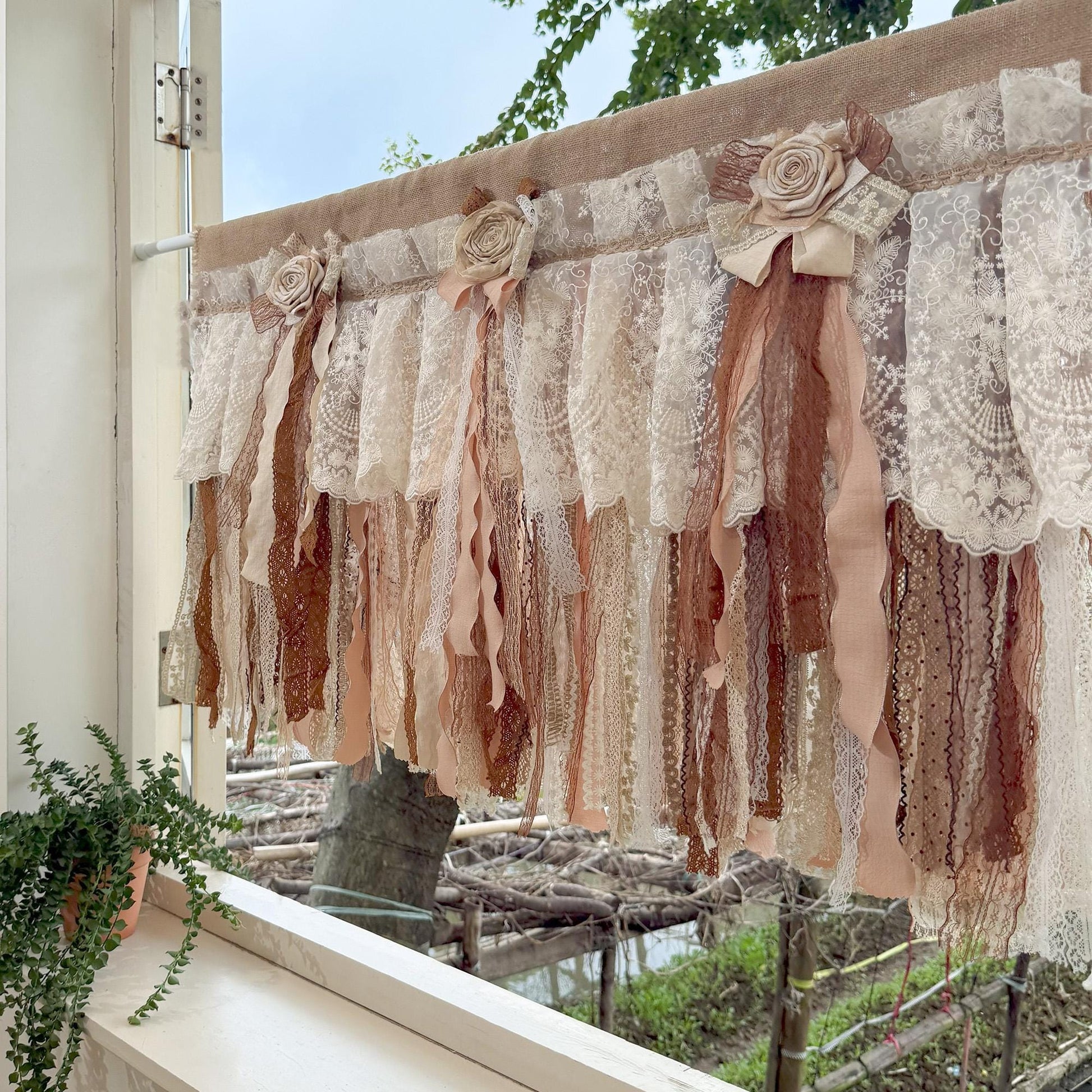 Custom Rustic Unique Burlap Beige Brown Lace Bedroom Valance - UDreamHome