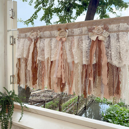 Custom Rustic Unique Burlap Beige Brown Lace Bedroom Valance - UDreamHome