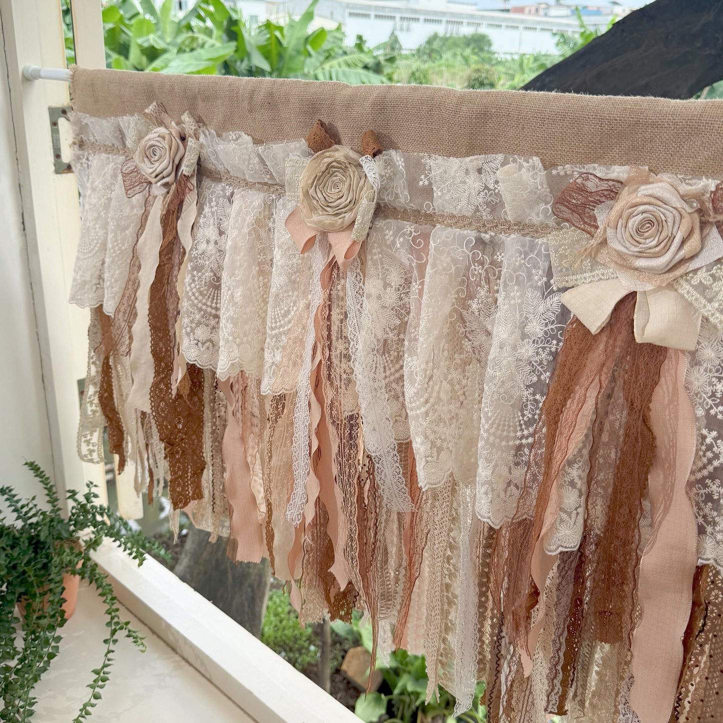 Custom Rustic Unique Burlap Beige Brown Lace Bedroom Valance - UDreamHome