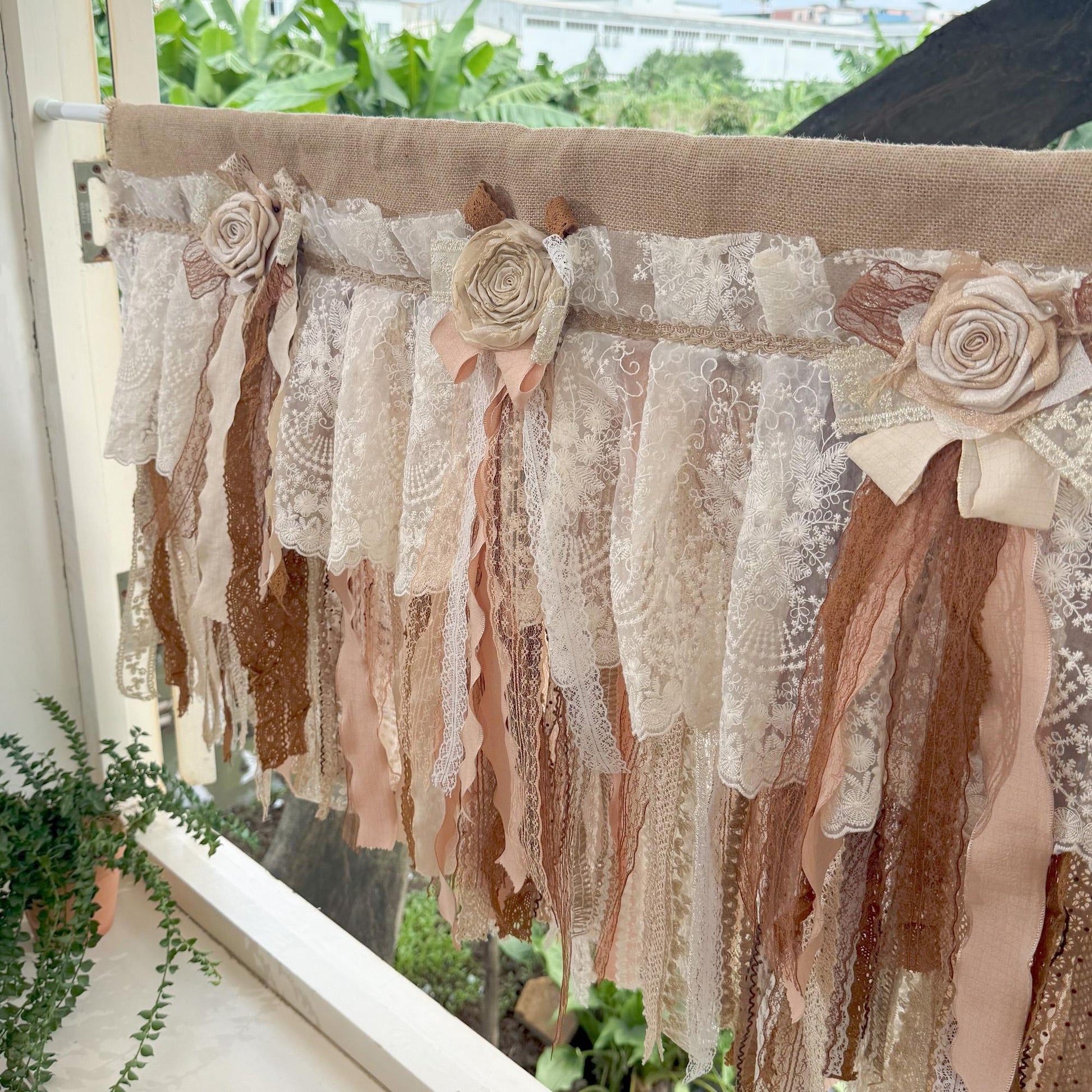 Custom Rustic Unique Burlap Beige Brown Lace Bedroom Valance - UDreamHome