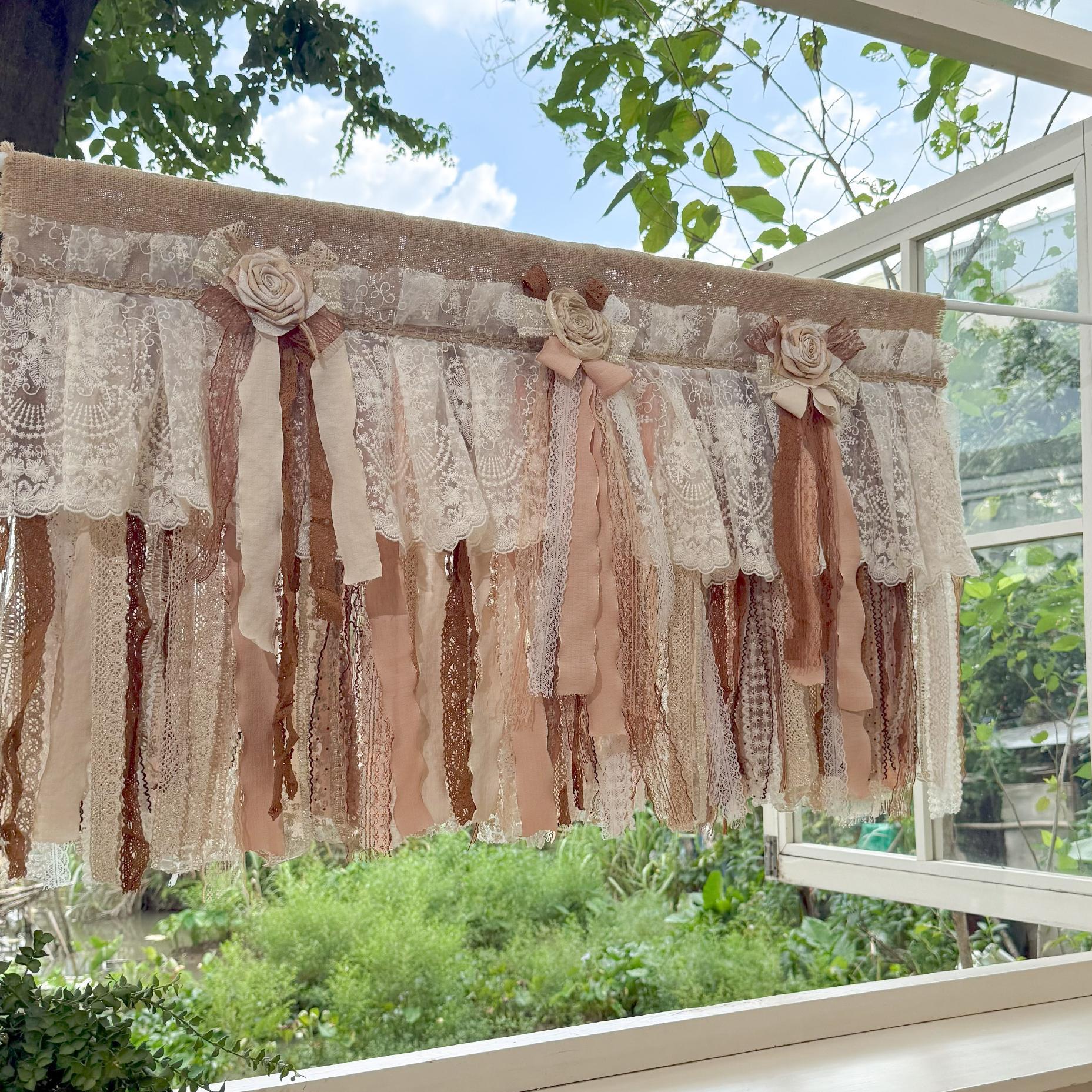 Custom Rustic Unique Burlap Beige Brown Lace Bedroom Valance - UDreamHome
