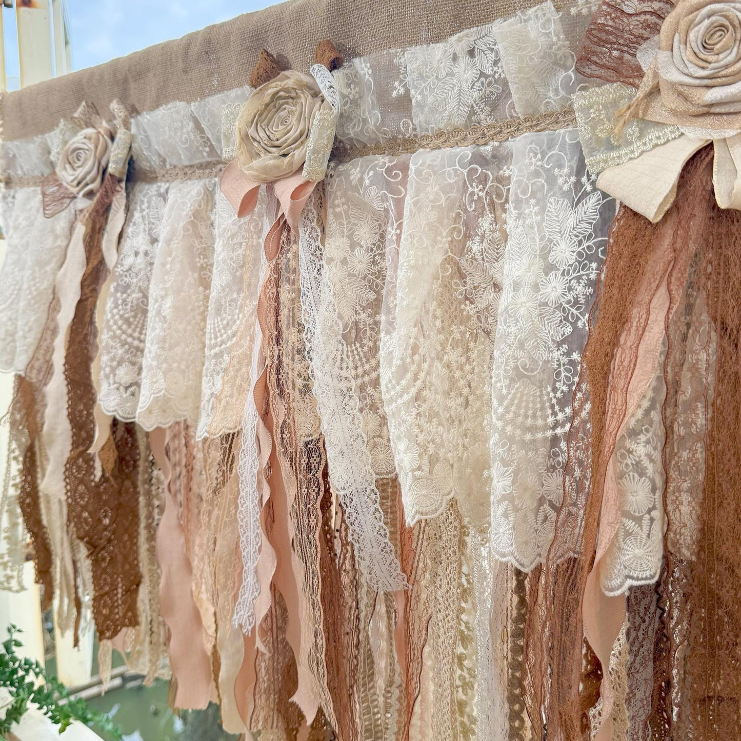 Custom Rustic Unique Burlap Beige Brown Lace Bedroom Valance - UDreamHome