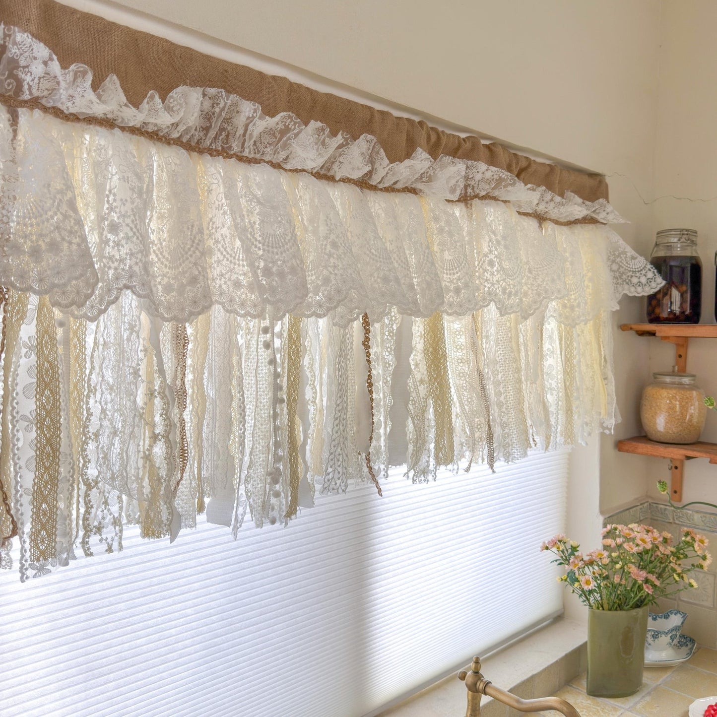 Custom Rustic Unique Burlap Beige ivory Lace Bedroom Window Valance - UDreamHome