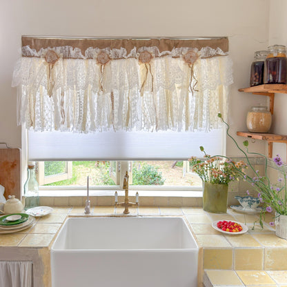 Custom Rustic Unique Burlap Beige ivory Lace Bedroom Window Valance - UDreamHome