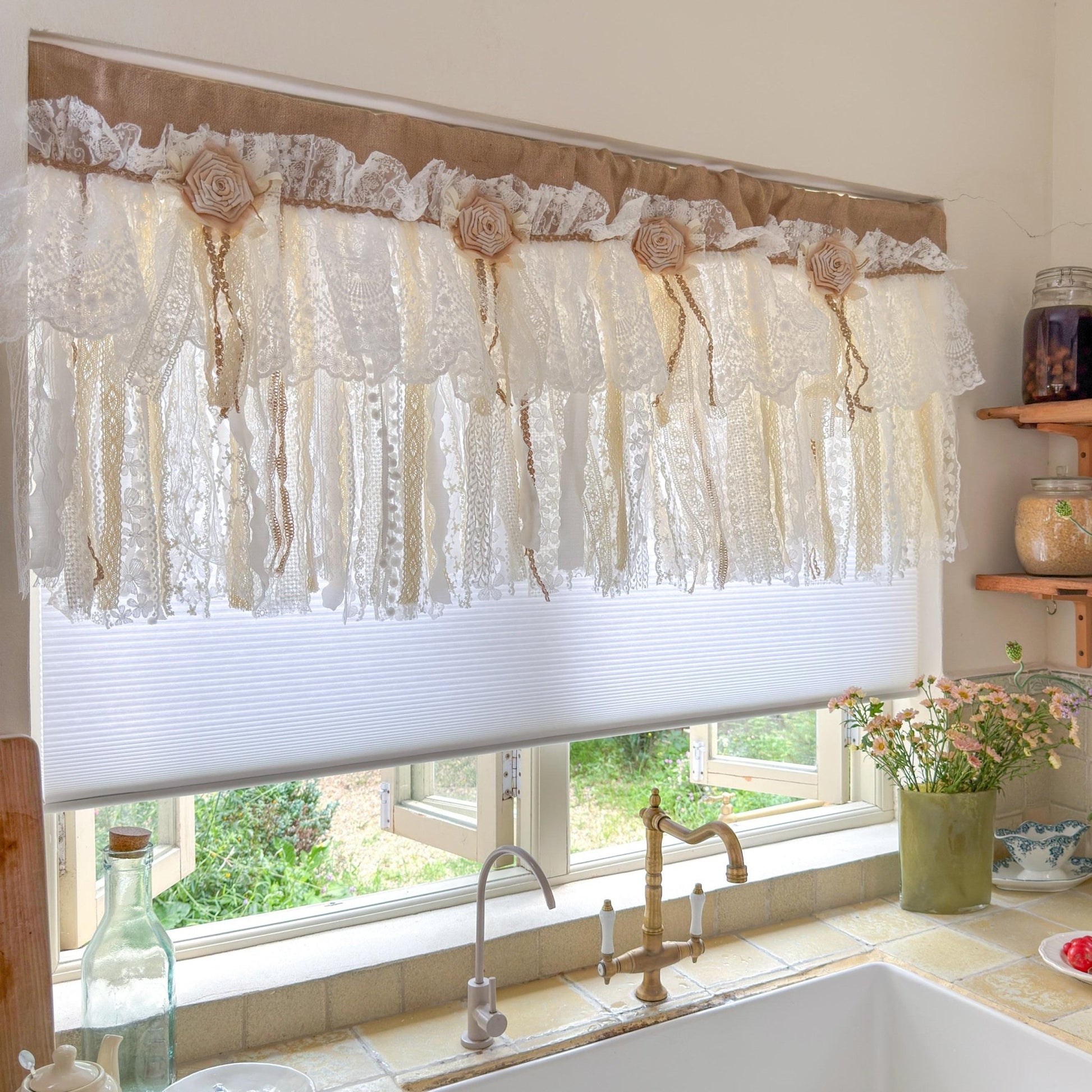 Custom Rustic Unique Burlap Beige ivory Lace Bedroom Window Valance - UDreamHome