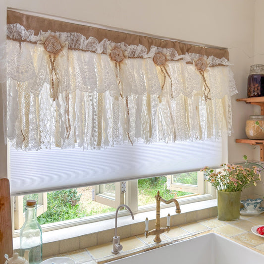 Custom Rustic Unique Burlap Beige ivory Lace Bedroom Window Valance - UDreamHome