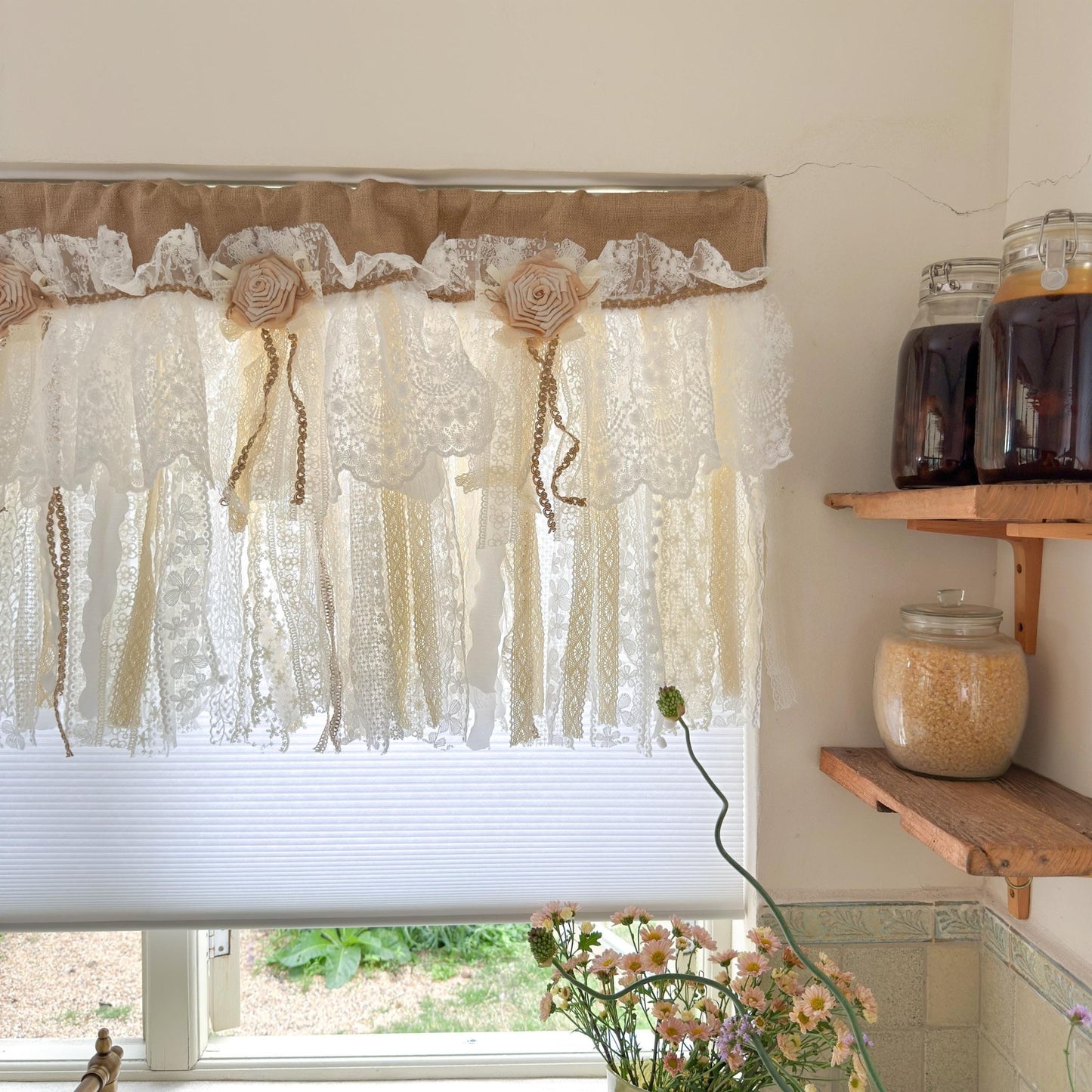 Custom Rustic Unique Burlap Beige ivory Lace Bedroom Window Valance - UDreamHome