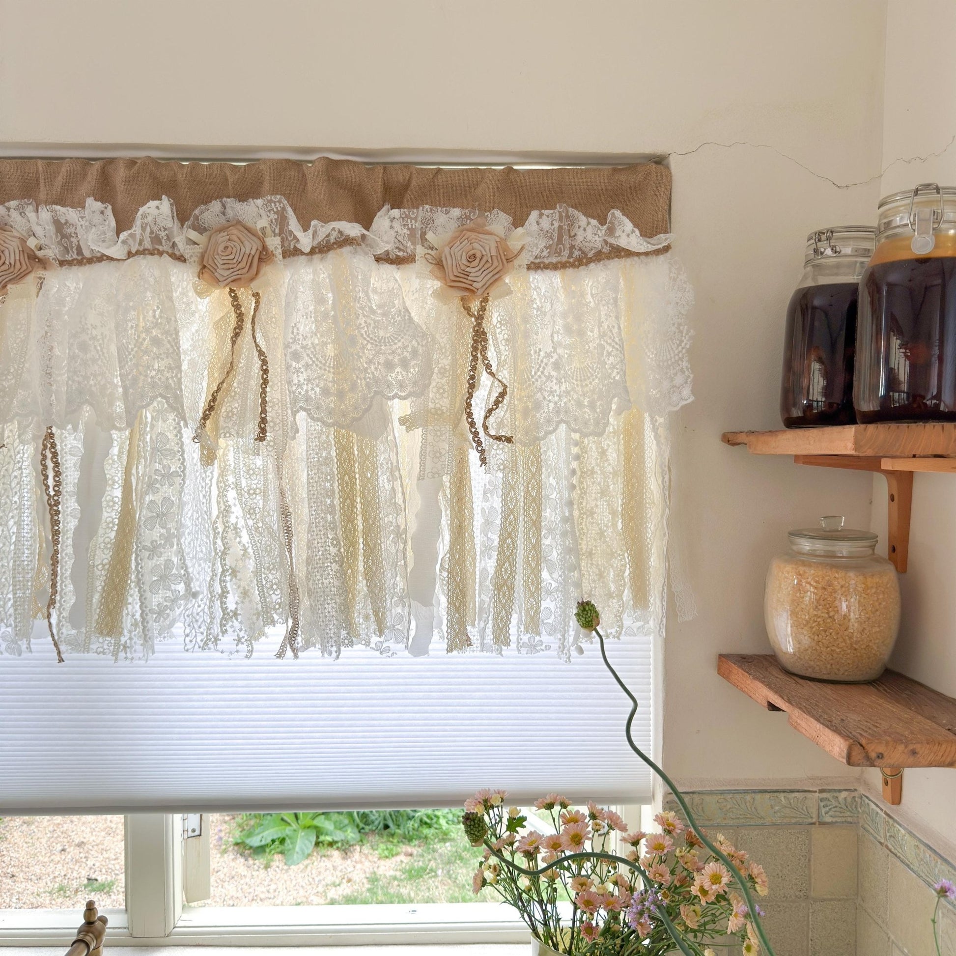 Custom Rustic Unique Burlap Beige ivory Lace Bedroom Window Valance - UDreamHome