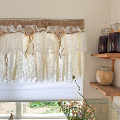 Custom Rustic Unique Burlap Beige ivory Lace Bedroom Window Valance - UDreamHome